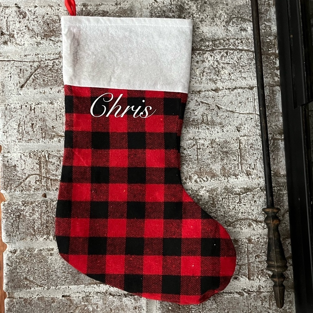 Christmas Stocking with name, “Chris ”, perfect for hanging on mantle